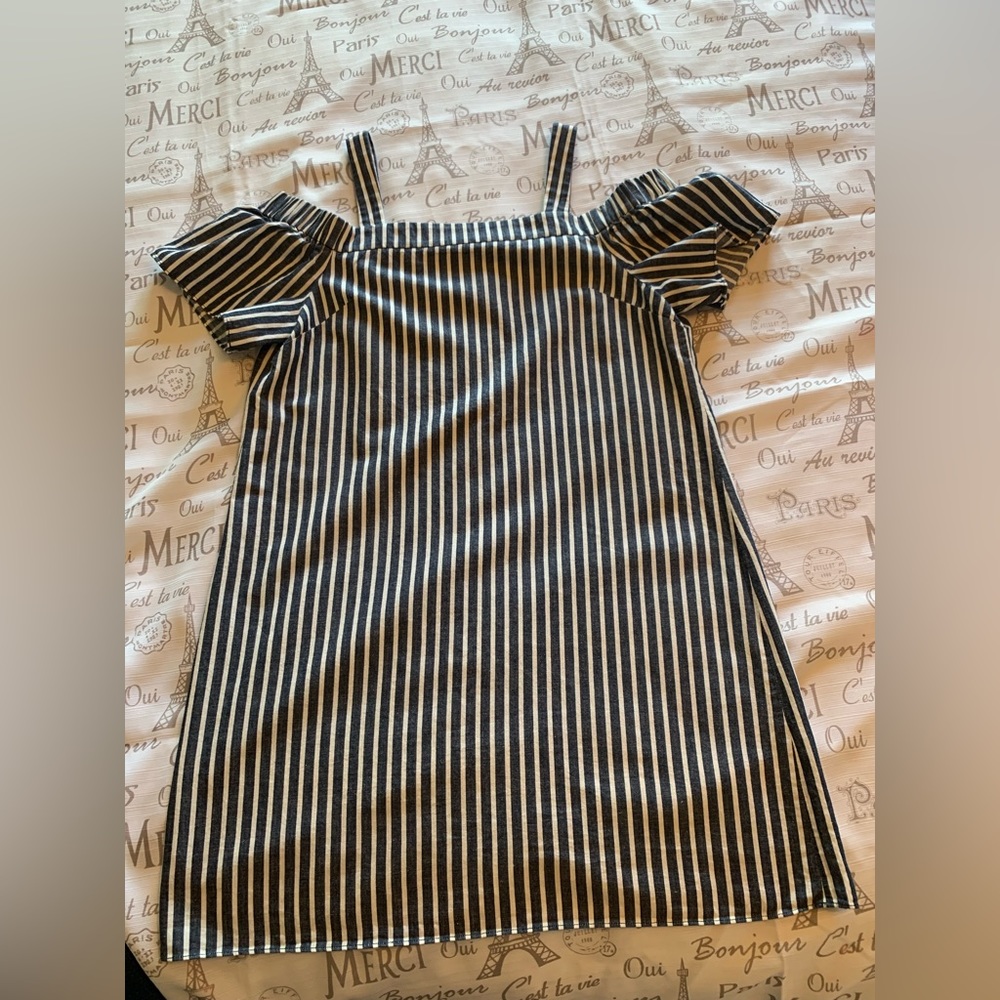 Nine West Women Dress Size 10 Blue White Striped Off Shoulders Short Sleeve